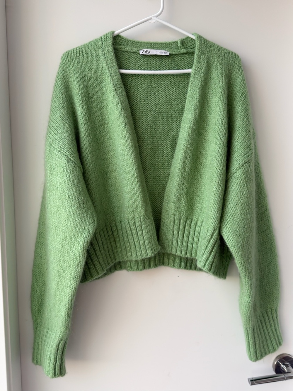 Zara Light Green Open-Front Cropped Knit Cardigan